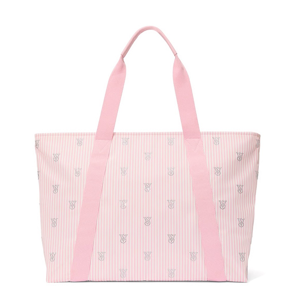 Victoria's Secret Shine Travel Tote Bag Rhinestone Detail Pink Heritage Stripe